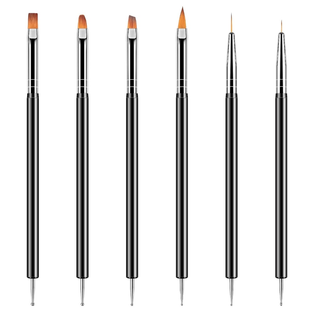 Detailing Brush Set - 両端ネイルアートドットツール6本キット、ライナーブラシデザインペン付き、ジェルポリッシュ描画用、細部ネイルブラシセット